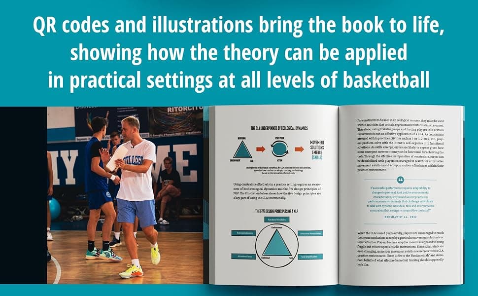 An open spread from Transforming Basketball showing the constraints-led approach illustrations alongside Alex Sarama coaching on court