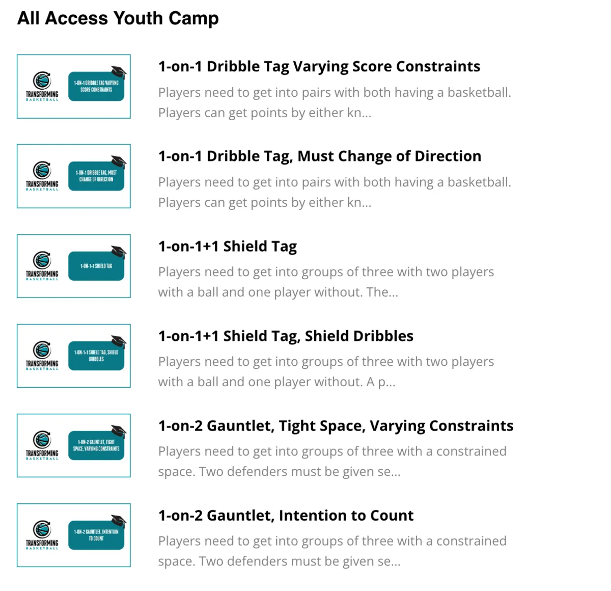 Lesson list: dribble tag, shield tag and gauntlet games