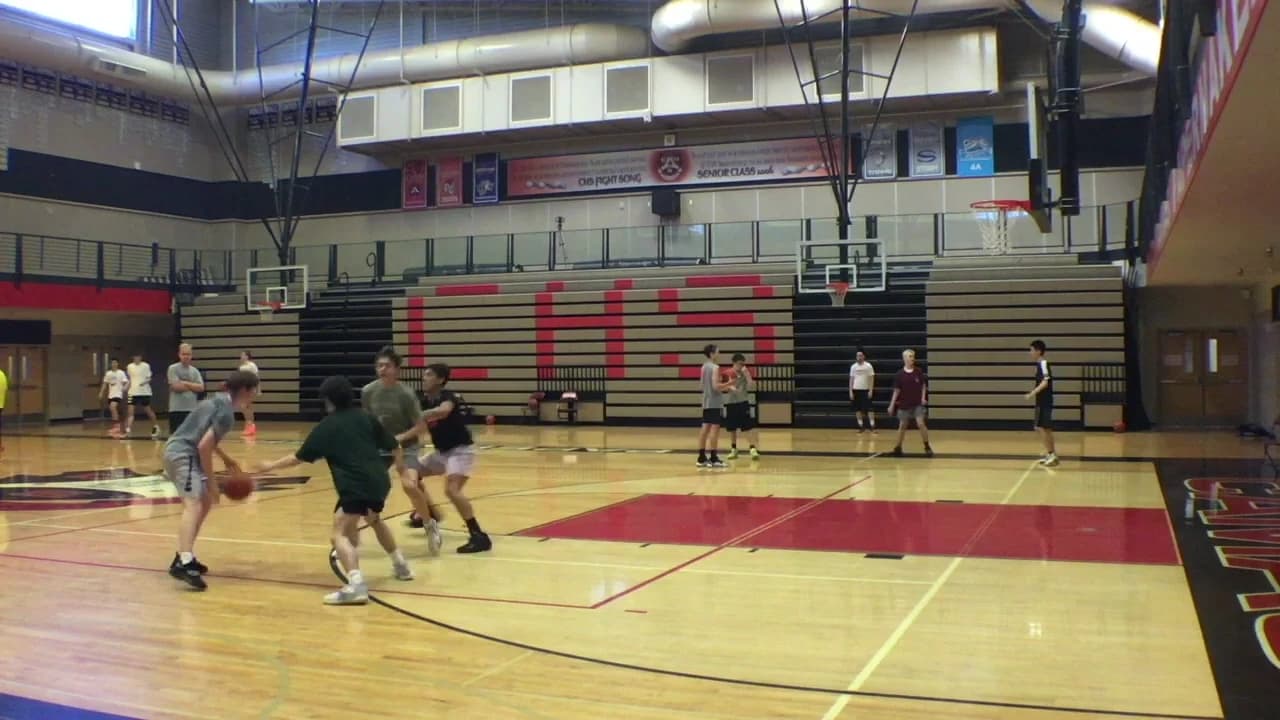 Four players working through a ball screen and defensive coverage in a Pick and Roll Offense lesson