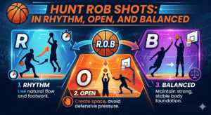 Late game basketball strategy infographic: How to Hunt ROB shots (Rhythm, Open, and Balanced) using the Constraints-Led Approach