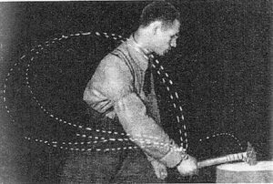 Vintage photo from Nikolai Bernstein's movement study showing a blacksmith's variable hammer trajectories, demonstrating the ecological dynamics concept of "repetition without repetition."
